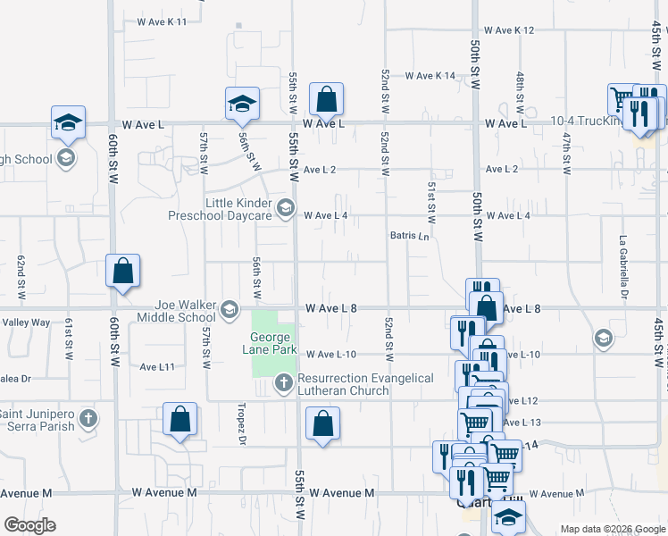 map of restaurants, bars, coffee shops, grocery stores, and more near 5314 West Avenue L 6 in Lancaster