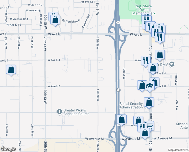 map of restaurants, bars, coffee shops, grocery stores, and more near 42451 15th Street West in Lancaster