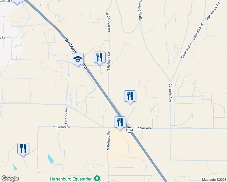 map of restaurants, bars, coffee shops, grocery stores, and more near 2380 North Refugio Road in Santa Ynez