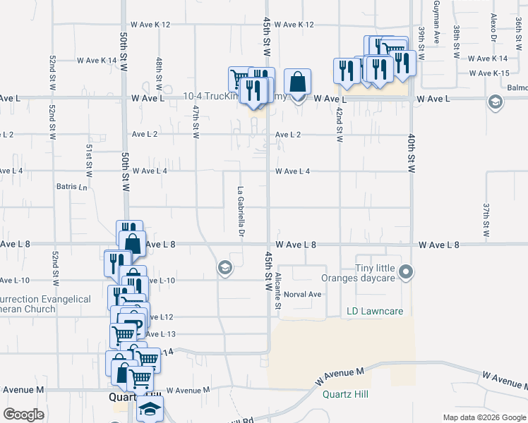map of restaurants, bars, coffee shops, grocery stores, and more near 42453 45th Street West in Quartz Hill