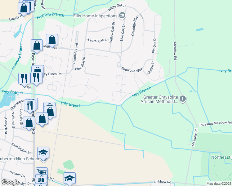 map of restaurants, bars, coffee shops, grocery stores, and more near 603 Amberdale West Circle in Lumberton