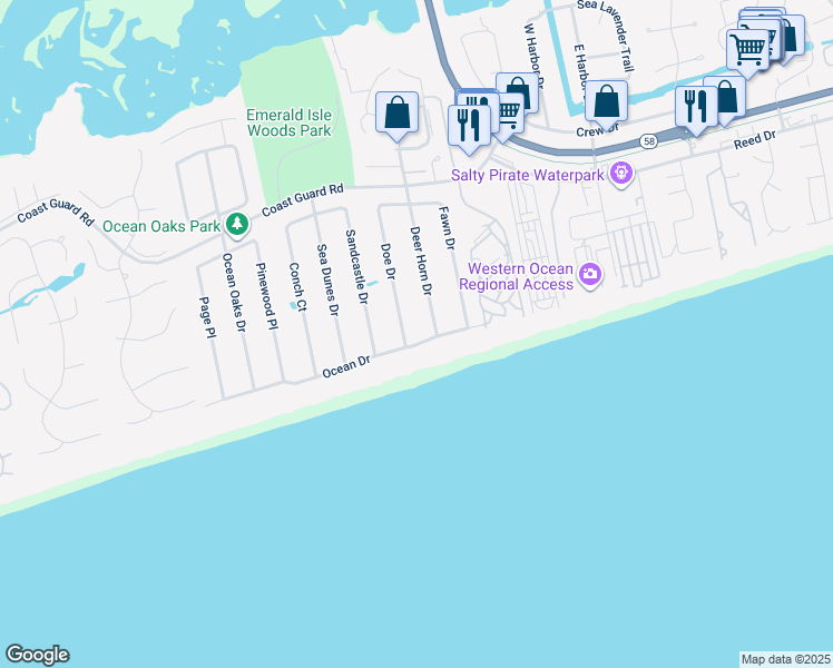 map of restaurants, bars, coffee shops, grocery stores, and more near 9306 Ocean Drive in Emerald Isle