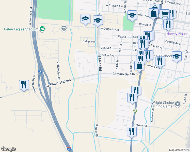 map of restaurants, bars, coffee shops, grocery stores, and more near 1607 Camino Del Llano in Belen