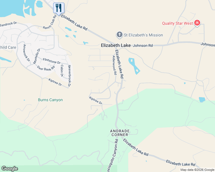 map of restaurants, bars, coffee shops, grocery stores, and more near Gumtree Drive in Elizabeth Lake