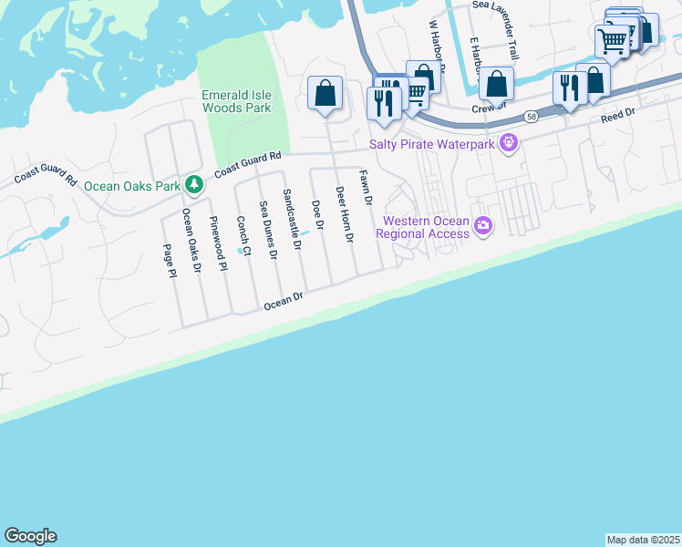 map of restaurants, bars, coffee shops, grocery stores, and more near 9306 Ocean Drive in Emerald Isle
