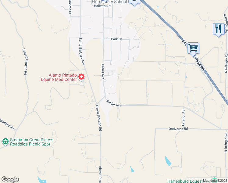 map of restaurants, bars, coffee shops, grocery stores, and more near 2465 Grand Avenue in Los Olivos