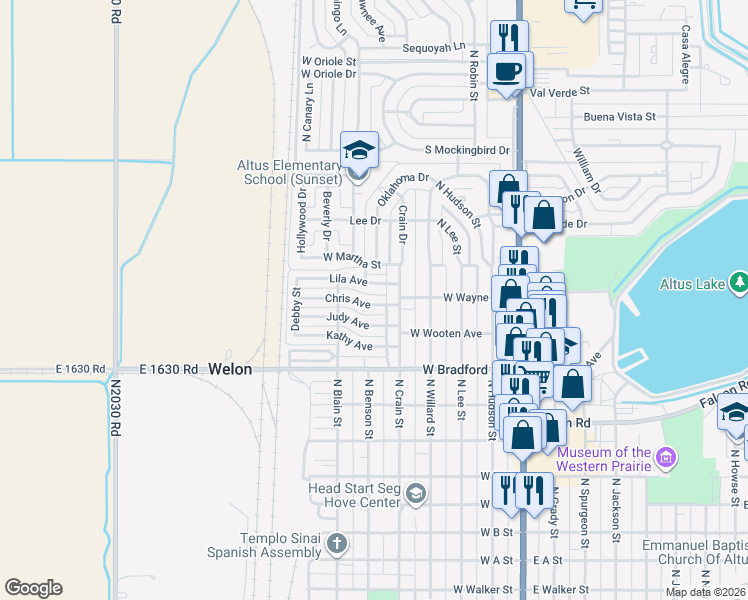 map of restaurants, bars, coffee shops, grocery stores, and more near 521 Chris Avenue in Altus