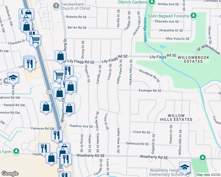 map of restaurants, bars, coffee shops, grocery stores, and more near 8422 Valley View Drive Southeast in Huntsville