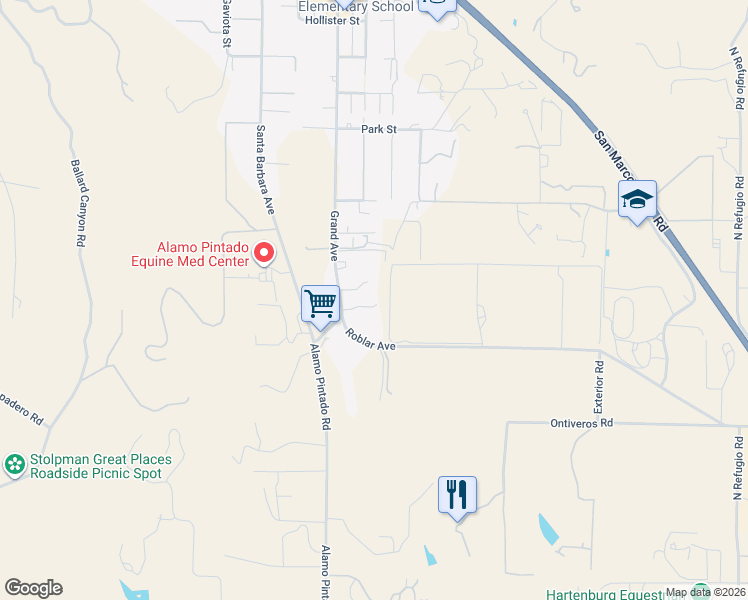 map of restaurants, bars, coffee shops, grocery stores, and more near 2465 Grand Avenue in Los Olivos
