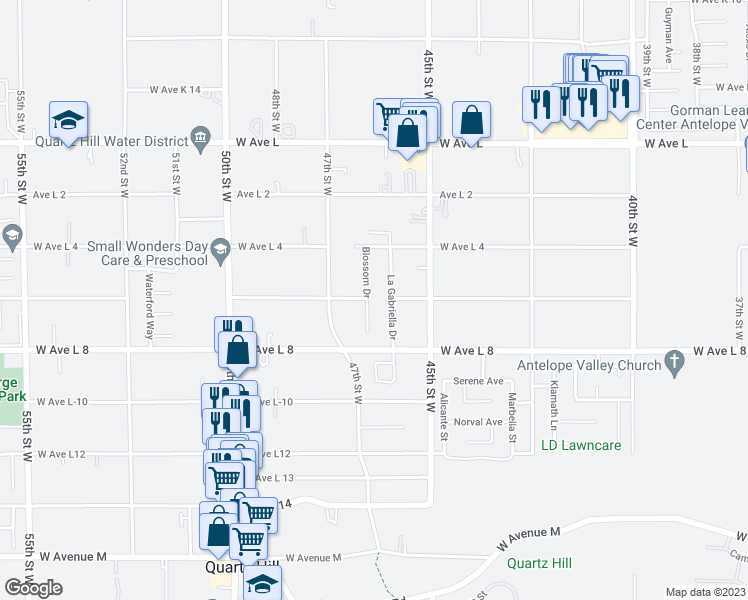 map of restaurants, bars, coffee shops, grocery stores, and more near 42450 Blossom Drive in Quartz Hill