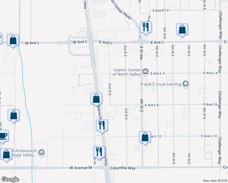 map of restaurants, bars, coffee shops, grocery stores, and more near 42450 2nd Street East in Lancaster