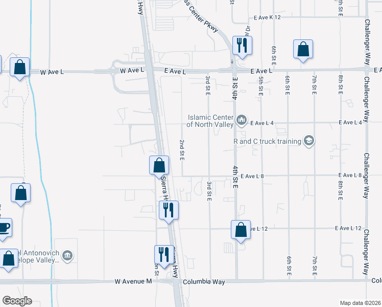 map of restaurants, bars, coffee shops, grocery stores, and more near 42450 2nd Street East in Lancaster