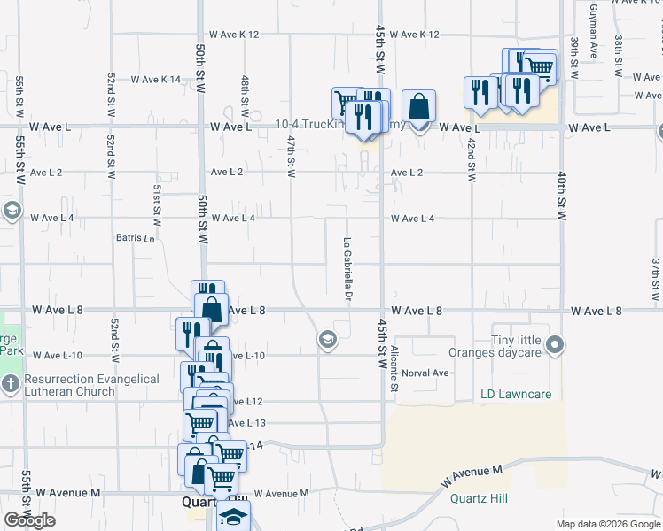 map of restaurants, bars, coffee shops, grocery stores, and more near 42450 Blossom Drive in Quartz Hill
