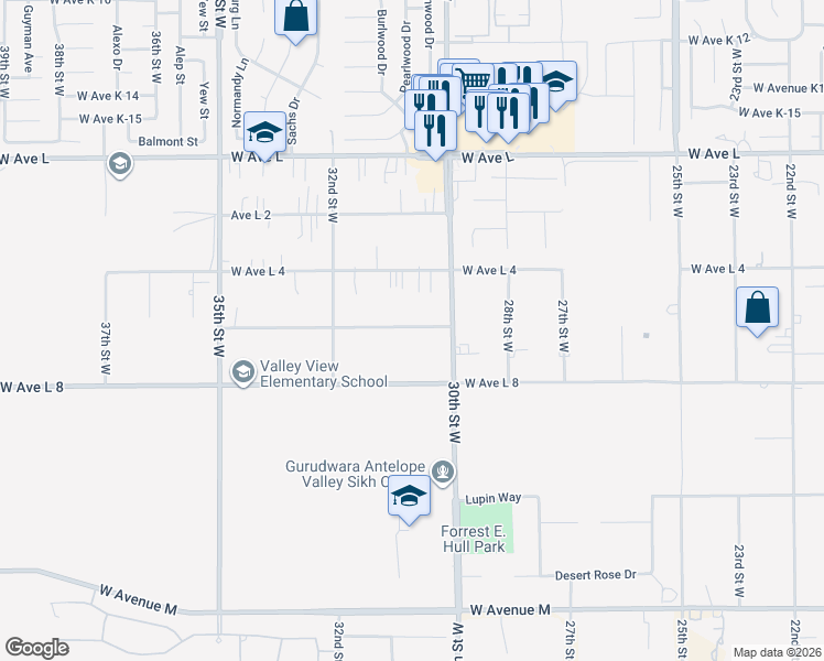 map of restaurants, bars, coffee shops, grocery stores, and more near 3044 West Avenue L 6 in Lancaster
