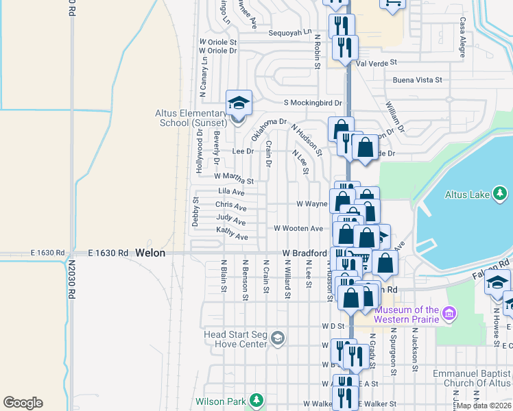 map of restaurants, bars, coffee shops, grocery stores, and more near 521 Chris Avenue in Altus