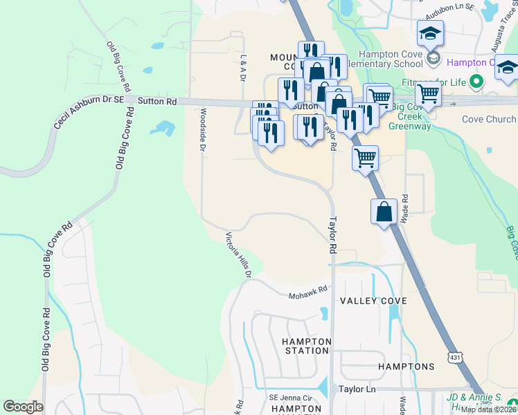 map of restaurants, bars, coffee shops, grocery stores, and more near 225 Hartside Road in Owens Cross Roads
