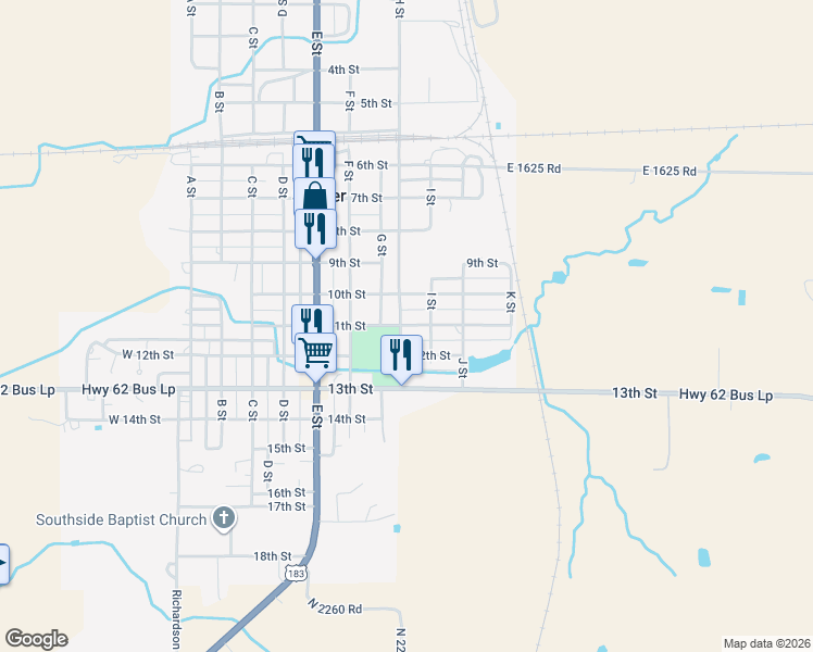 map of restaurants, bars, coffee shops, grocery stores, and more near 820 11th Street in Snyder