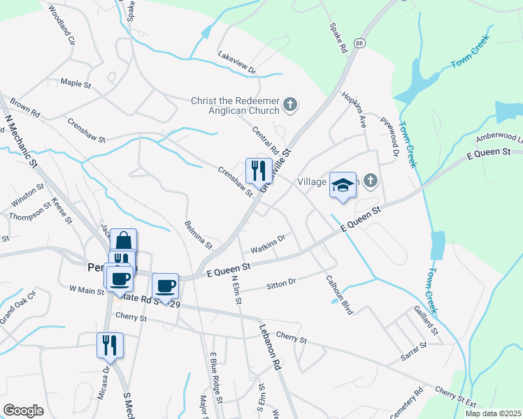 map of restaurants, bars, coffee shops, grocery stores, and more near 600 Greenville Street in Pendleton