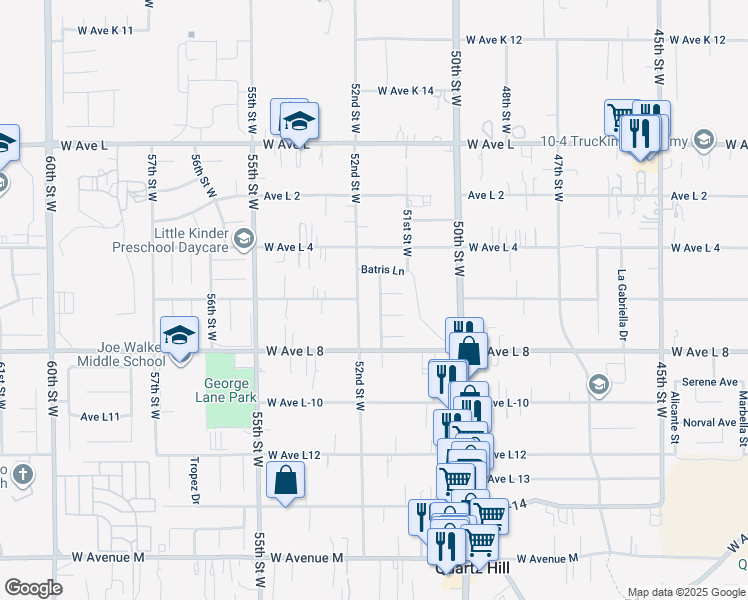 map of restaurants, bars, coffee shops, grocery stores, and more near 42459 Waterford Way in Lancaster