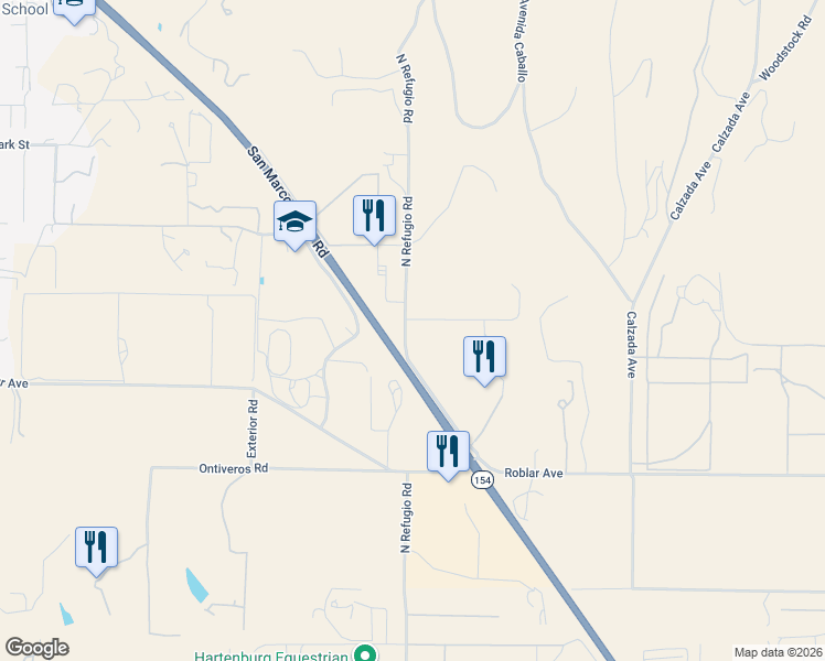 map of restaurants, bars, coffee shops, grocery stores, and more near 2380 North Refugio Road in Santa Ynez