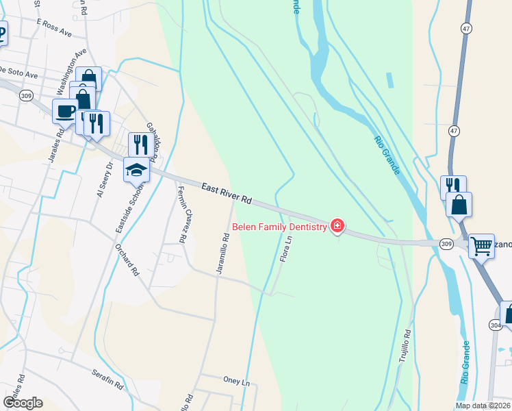 map of restaurants, bars, coffee shops, grocery stores, and more near 1133 New Mexico 309 in Belen