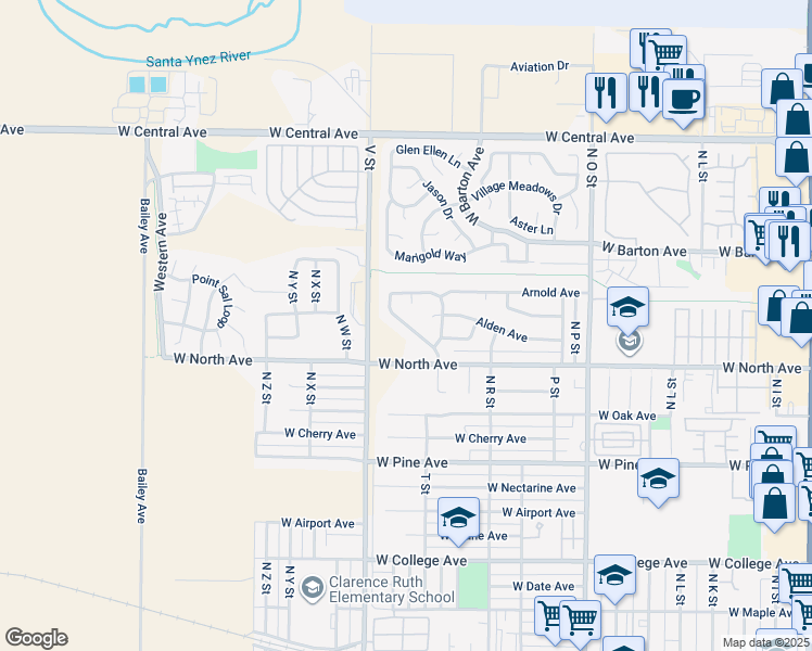 map of restaurants, bars, coffee shops, grocery stores, and more near 1036 Armstrong Street in Lompoc