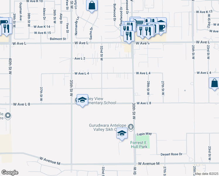 map of restaurants, bars, coffee shops, grocery stores, and more near 3126 West Avenue L-6 in Lancaster