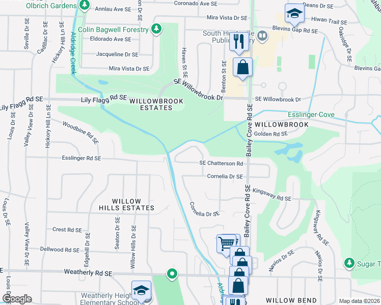 map of restaurants, bars, coffee shops, grocery stores, and more near 811 Chatterson Road Southeast in Huntsville