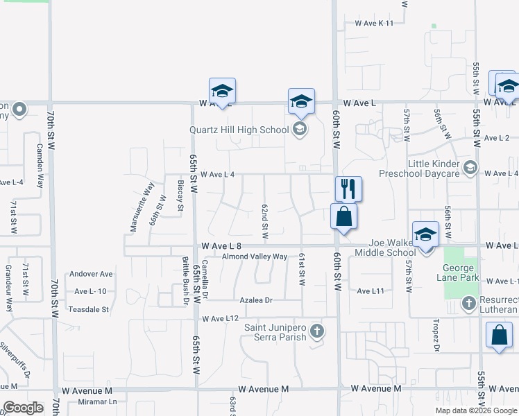 map of restaurants, bars, coffee shops, grocery stores, and more near 42465 62nd Street West in Lancaster