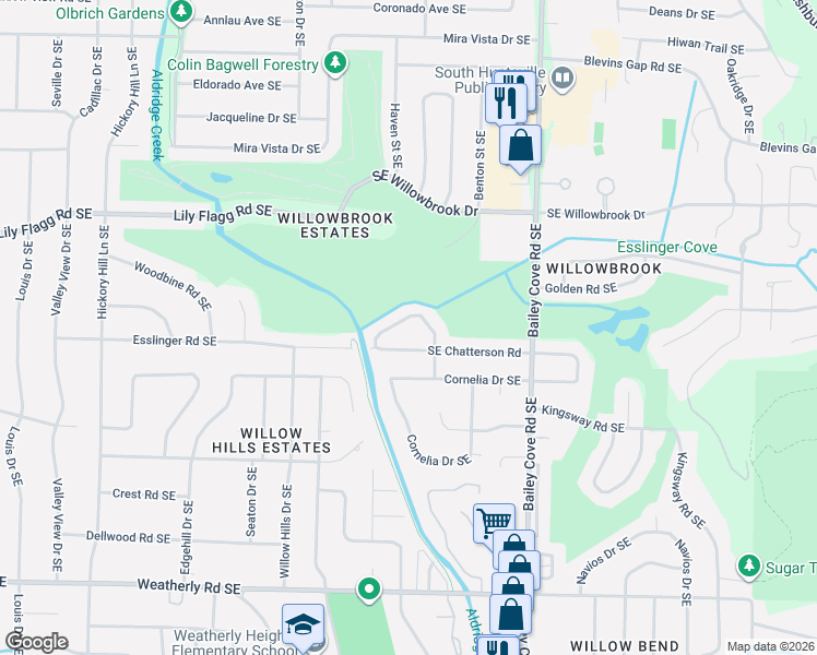 map of restaurants, bars, coffee shops, grocery stores, and more near 811 Chatterson Road Southeast in Huntsville