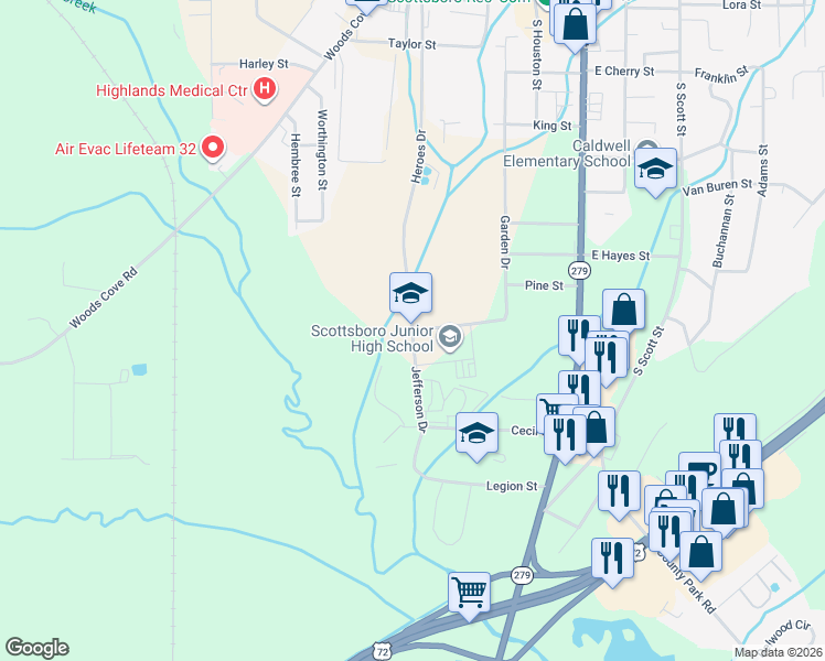 map of restaurants, bars, coffee shops, grocery stores, and more near 1601 Jefferson Drive in Scottsboro