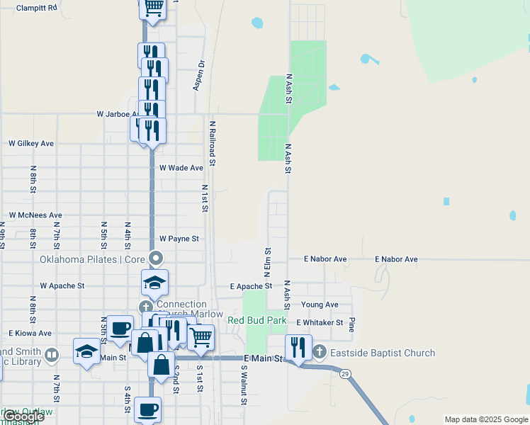 map of restaurants, bars, coffee shops, grocery stores, and more near 701 North Elm Street in Marlow