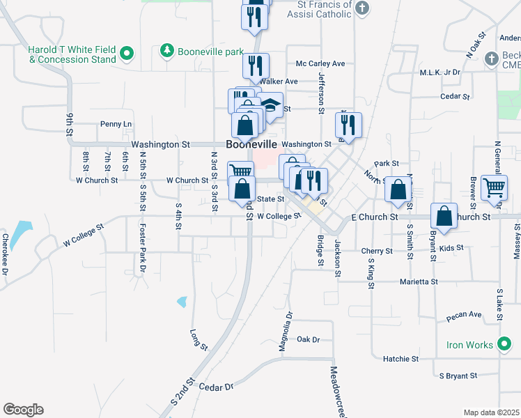map of restaurants, bars, coffee shops, grocery stores, and more near 500 West College Street in Booneville
