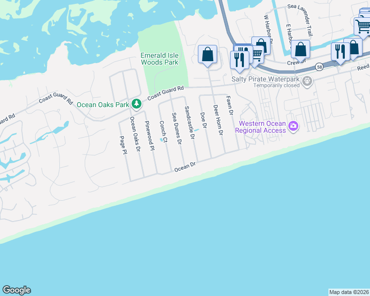 map of restaurants, bars, coffee shops, grocery stores, and more near 104 Sea Dunes Drive in Emerald Isle