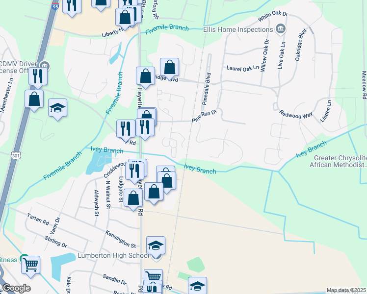 map of restaurants, bars, coffee shops, grocery stores, and more near 990 Wesley Pines Road in Lumberton