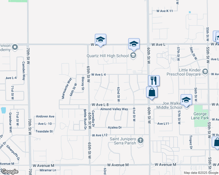 map of restaurants, bars, coffee shops, grocery stores, and more near 6234 West Avenue L-6 in Lancaster