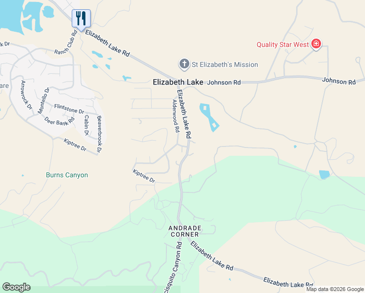 map of restaurants, bars, coffee shops, grocery stores, and more near Alderwood Road in Elizabeth Lake