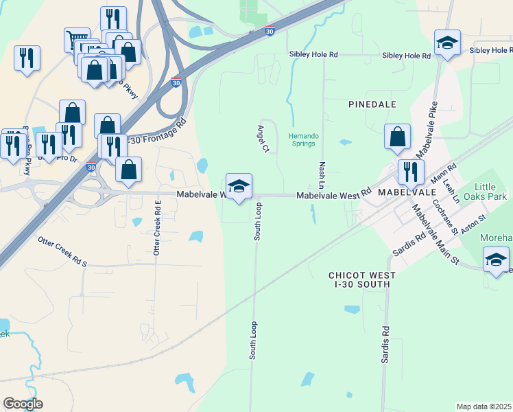 map of restaurants, bars, coffee shops, grocery stores, and more near 10721 Mabelvale West Road in Little Rock