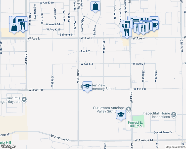 map of restaurants, bars, coffee shops, grocery stores, and more near 3253 West Avenue L 6 in Lancaster