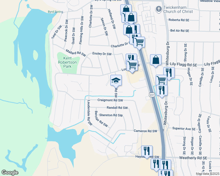 map of restaurants, bars, coffee shops, grocery stores, and more near 7900 Whittier Road Southwest in Huntsville