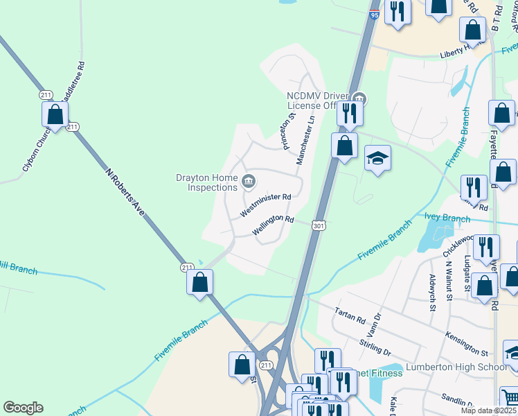 map of restaurants, bars, coffee shops, grocery stores, and more near 3093 Westminster Road in Lumberton