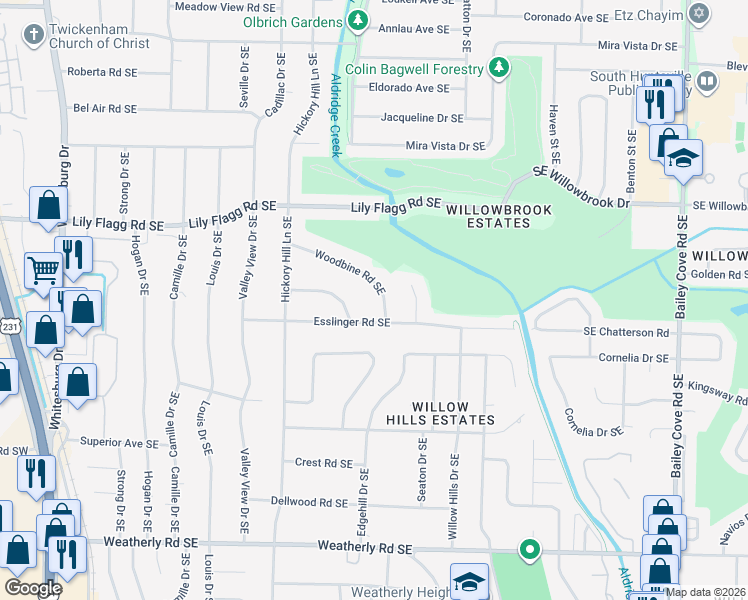 map of restaurants, bars, coffee shops, grocery stores, and more near 720 Woodbine Road Southeast in Huntsville