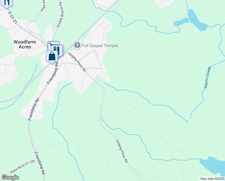 map of restaurants, bars, coffee shops, grocery stores, and more near 245 Singing Pines Road in Seneca