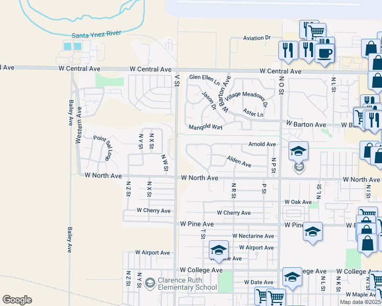 map of restaurants, bars, coffee shops, grocery stores, and more near 1036 Armstrong Street in Lompoc