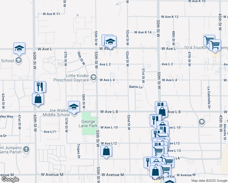 map of restaurants, bars, coffee shops, grocery stores, and more near 5257 West Avenue L6 in Lancaster