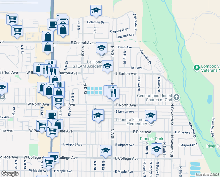 map of restaurants, bars, coffee shops, grocery stores, and more near 1040 North B Court in Lompoc