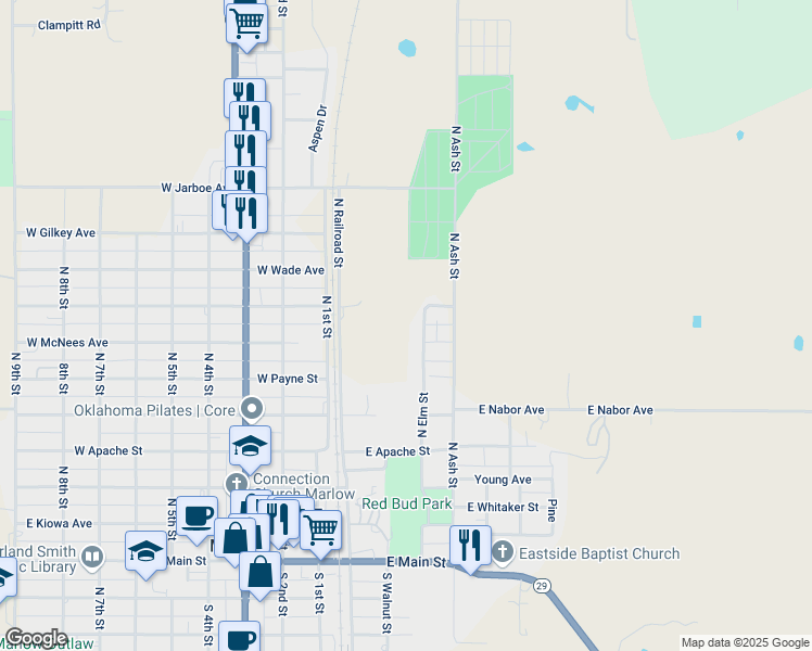 map of restaurants, bars, coffee shops, grocery stores, and more near 701 North Elm Street in Marlow