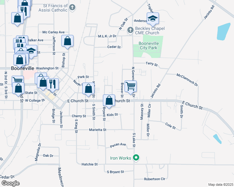 map of restaurants, bars, coffee shops, grocery stores, and more near 101 Miller Street in Booneville