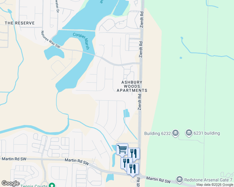 map of restaurants, bars, coffee shops, grocery stores, and more near 128 Windridge Way Southwest in Huntsville