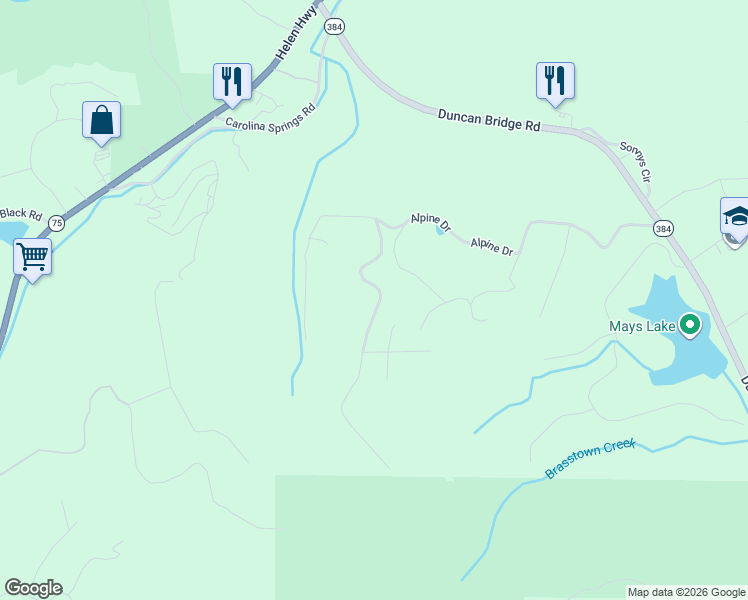map of restaurants, bars, coffee shops, grocery stores, and more near 222-270 Matterhorn Drive in Sautee Nacoochee